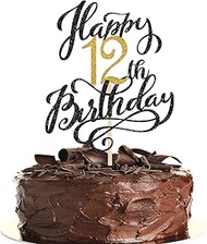 1 Pack Happy 12th Birthday Cake Topper Glitter Black Gold Birthday Cake Decoration 12 Fabulous Cake 