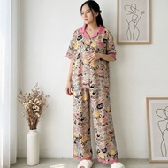 One Set Rayon Premium Full Button Combination mix Motif and Plain Twill Long Pants Set Eca Set baju 