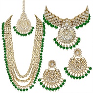 Aheli Kundan Beaded Bridal Long Choker Necklace Earrings with Maang Tikka Traditional Jewellery Set for Women