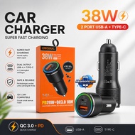[T-E7] CAR Charger PD 38W 2USB USB-A + USB-C Fast Charging Saver CAR PD20W+QC3.0 18W