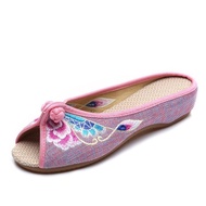 Slippers Spring Summer New Style Linen Embroidered Fish Mouth Outer Wear Sandals Tray Buckle Cloud H