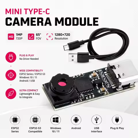 MINI Type-C Camera Module 1MP 720P 1280*720 65 Degrees Compatible with ESP32 Series ESP32-S3 Win10 W