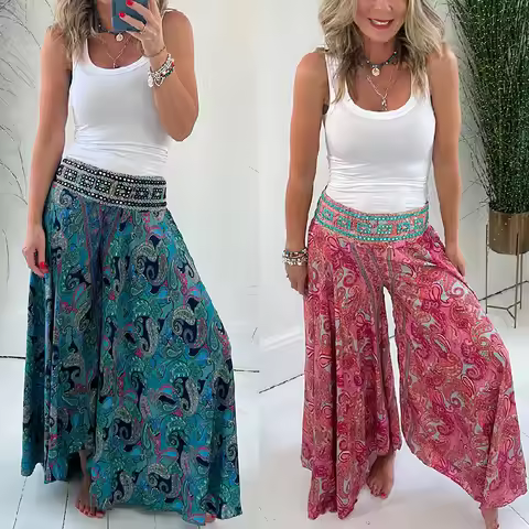Women Loose Casual Print Wide Leg Pants Slim For Female Elasticated Trousers Mid Waist Wide Leg Pant