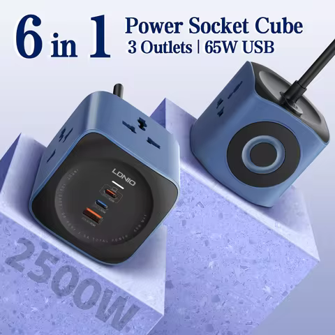 LDNIO Power Strip Cube 3 Universal Outlet with 65W 3 USB Ports 2500W Surge Protection 2M UK/EU/US Pl