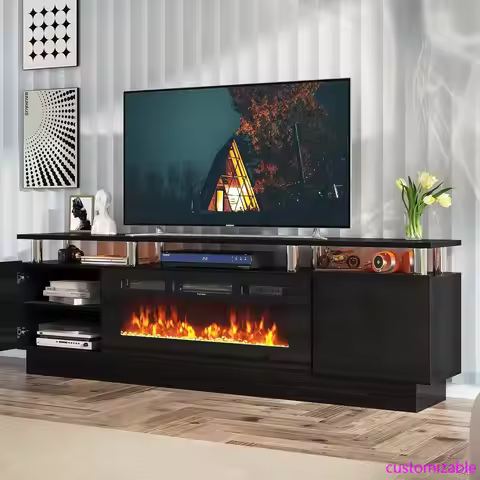"80in Black Electric Fireplace TV Stand for 90" TVs, Modern w/ LED Lights & Storage Cabinets"