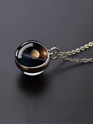 1pc Solar System Planet Necklace Featuring Moon, Earth, Saturn, Jupiter And Glass Half Globe Pendant
