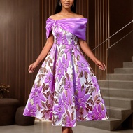 Váy dạ hội AOMEI thanh lịch dành cho nữ, vải jacquard hoa, trễ vai, không dây, xếp ly, dáng chữ A, m