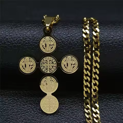 2023 Fashion Stainless Steel Cross Necklace for Women Men Saint Benedict Gold Color Necklaces Jewelr