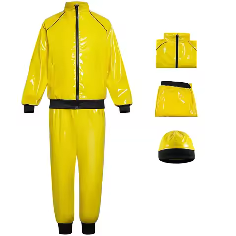 TYV55Mens Retro 70s Disco Costume Yellow PU Leather Coat Pants Hat Accessories Outfit Jazz Rapper Su
