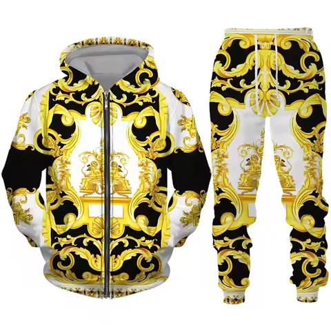 Men Zipper Hoodies Set Luxury Golden Pattern 3D Print Casual Tracksuit+Pants 2pcs Sets Oversized Swe