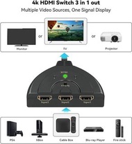 HDMI Switch, 4K HDMI Splitter 3 in 1 Out, 3-Port HDMI Switcher Selector with Pigtail HDMI Cable,Supp