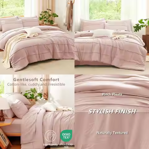 7-Piece Pink Pinch Pleat Queen Comforter Set with Sheets, Down Alternative Bedding, Pillowcases & Sh