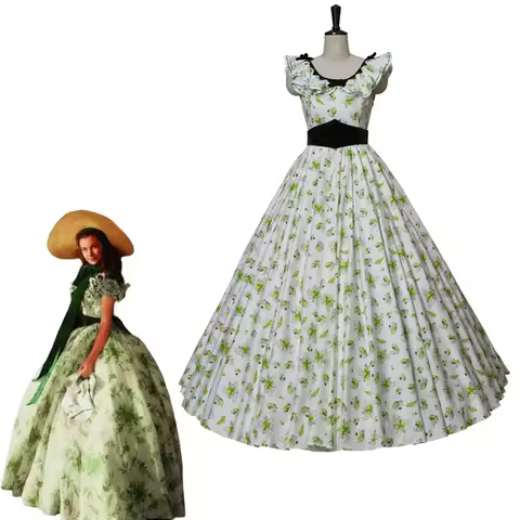 Gone with the Wind Cosplay Costume 19th Century Civil War Southern Belle Dress Elegant Green Floral 