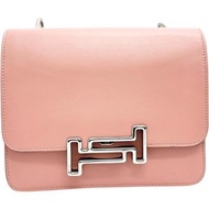 二手TOD'S雙 T 鏈條單肩包，粉紅色皮革，銀色五金配件。