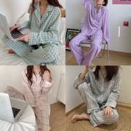 【12 Color】Korean grid checkered retro pyjamas set night wear baju tidur wanita