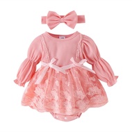 0-18 Months Girls Dress Solid Color Striped Long Sleeve Romper