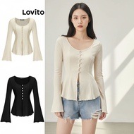 Lovito Casual T-Shirt Plain Asymmetric Button Front Corset T-Shirt untuk Wanita L52AD153 (Multi-colo