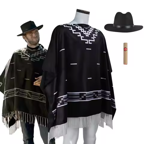 Halloween Party Costume Movie Cosplay Clint Eastwood Poncho Cowboy Serape Aztec Pattern Men Black Fr