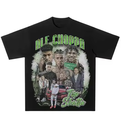 European and American Rapper NLE Choppa American Retro Printed T-shirt Men's Loose Cotton Short Slee