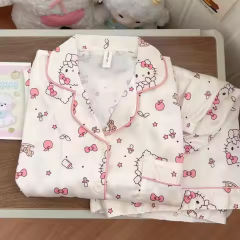 Sanrio Hello Kitty Summer Pajamas Set Women's Nightie Shorts Short Sleeve Sleepwear Cute Cartoon Nig