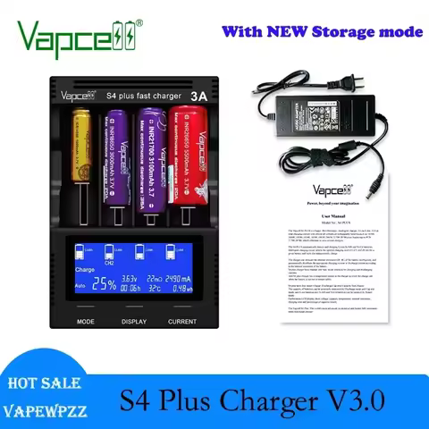 100% Original Vapcell S4 Plus Fast Charger V3 Version With Storage Mode 12A Battery Charger for 1865