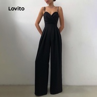 Lovito Elegant Jumpsuit Plain Pleated Jumpsuit for Women LNL41002