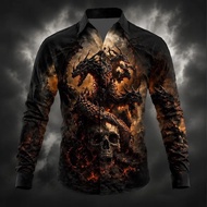 Halloween Men's Dragon Skulls Shirt Button Up Shirt Long Sleeve Dark Gothic Style Streetwear Holiday
