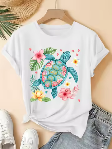 Sea Turtle T Shirt Women Cute Sea Turtle Hibiscus Flower Graphic Tee Tropical Coastal Hawaiian Beach