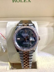 99.999新Rolex 126281 DATEJUST36 系列 行貨日志型 126281RBR GREEN ROM JUB灰色36mm錶盤羅馬字18k玫瑰金間鋼帶機械手錶