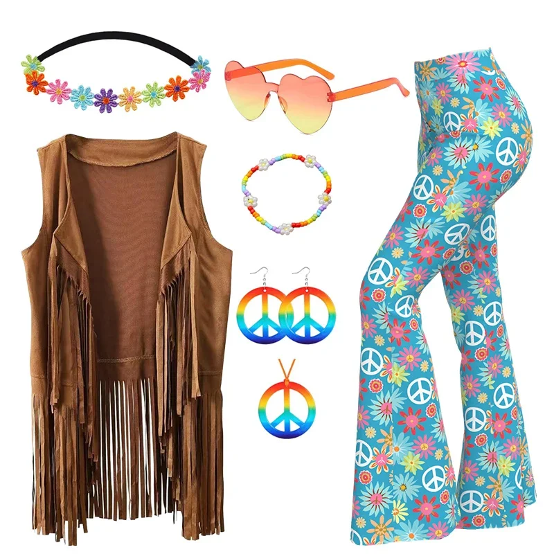 60s 70s Outfits for Women Halloween Cosplay Set Disco Hippie Costume Set Fringe Vest Flared Pant Pea