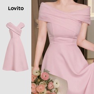 Lovito Elegant Dress Asymmetric One-Shoulder Pleated Spring/summer Pink Dress for Women L155ED217 Lo