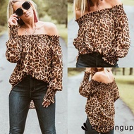 GR.-Fashion Glamour Women Leopard Print Long Sleeve Off Shoulder T Shirt Blouse