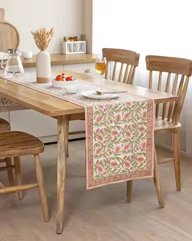 Coral Olive Green Pomegranate Floral Table Runner - Block Printed Linen Boho Jaipur Dining Decor
