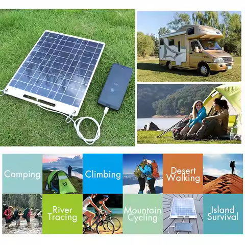 30W 5V Portable Solar Panel Dual USB Ports Solar Cell Panel with 2 Carabiners Phone Power Bank for 3