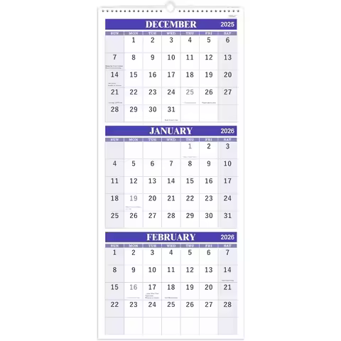 2026 Wall Calendar 3 Month Wall Calendar Display Folded in a Month Jan. 2026 Dec. 2026 11" x 26" 3 M