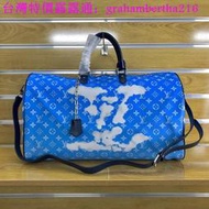 台灣特價專櫃LV路易威登旅行袋系列Keepall  男女同款系列M86988藍 帆布旅行袋 隨身上機行李袋 健身包 帶鎖