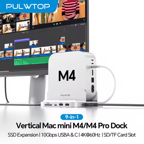 PULWTOP Mac mini M4 Dock with HDMI 4K & M.2 SSD Enclosure, USB-C Hub Stand for Mac mini M4 Pro Hub, 