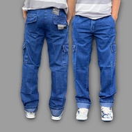 Celana Cargo Jeans Pria LoosePant reguler / Cargo pants Jeans Standard Denim washed Blue sandwash