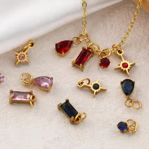 4pcs/set 304 Stainless Steel &Cubic Zirconia Birthstone Charms 18K Gold Plated Mini 12 Months Pendan