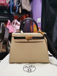 HERMES Kelly 25  89/S2 Noir  Trench Epsom 風衣灰 黑色 皮革 金扣 肩背袋 手提袋 手袋  in Black Grey Leather Handbag 23M156N