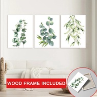 （With Frame）Minimalist Frame Painting Green Leaves Poster Plant Canvas Painting Bedroom Living Room 