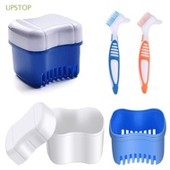 UPSTOP Dentures Container with Basket Durable Storage Box Double-layer Cleaner Brush