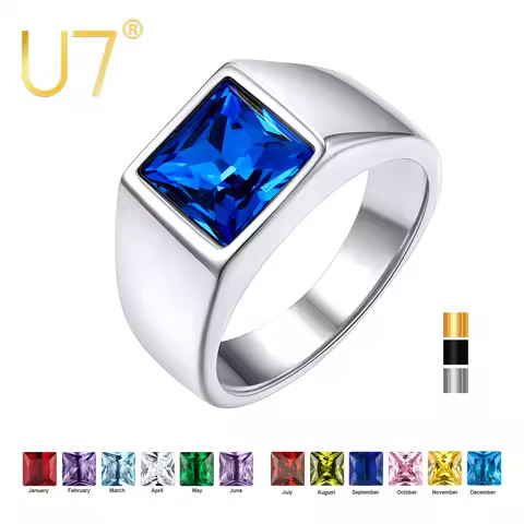 U7 Square Stone Rings for Man Woman 316L Stainless Steel 8*8 mm CZ Gemstones Size 7-14 Custom Births