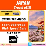 [Japan eSIM] [3-12 Days] 4G High Speed Unlimited Data Travel Prepaid eSIM Roaming Data 日本 无限流量卡上网卡 (