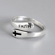 Faith Cross Silver Color Ring Women’S Stainless Steel Open Resizable Ring Ins Trend Cold Style J6Y1