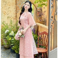 Women's outfit Set for going out CNY, happy new year ao dai with half sleeves and bow tie in 2-layer