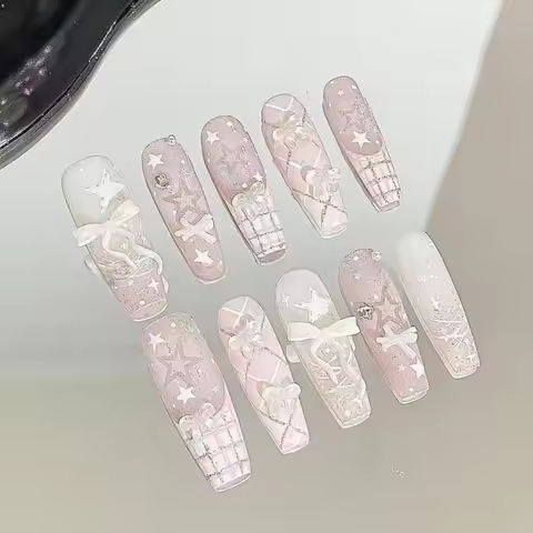 Handmade Almond French Press on Nails Simple Nails Full Cover Wearable False Nails 10pcs Cute Lace F