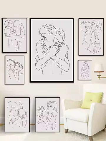 Man Couple Hug Kiss Print Faggotry Poster Gay Gift Abstract Line Minimalist Wall Art Canvas Painting
