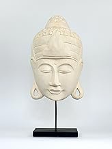G6 Collection 17" Wooden Handmade Buddha Head Mask with Stand Statue Wood Bust Sculpture Figurine Home Altar Decor Accent Gift Hand Carved Modern Contemporary Zen Oriental Buddha Plaque, White