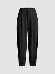 Cider Solid Mid Waist Button Tapered Trousers